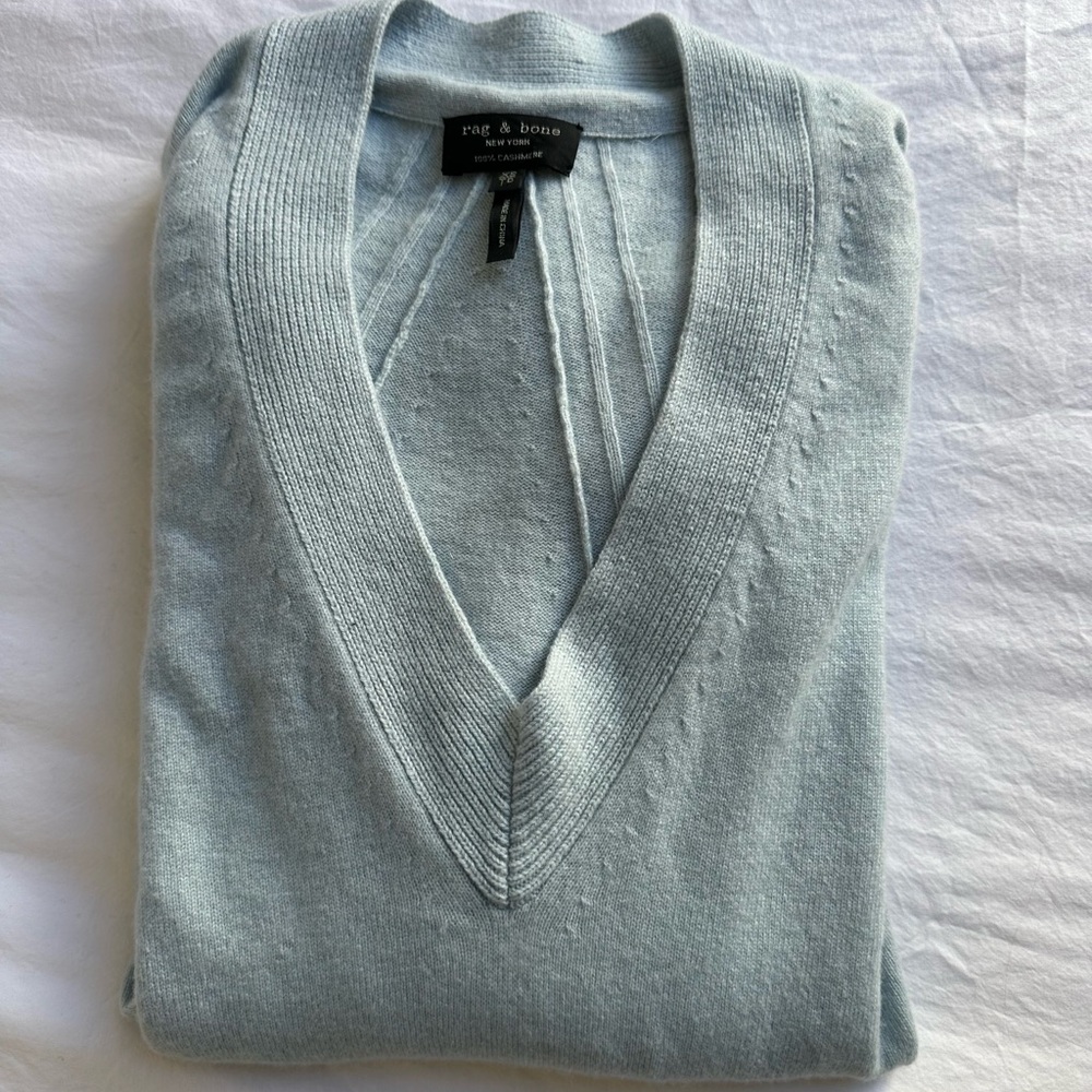 Rag & Bone Blue V-Neck Sweater with Ribbed Neckline